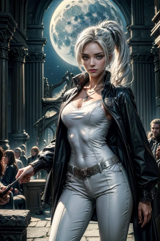 (masterpiece, best quality:1.2), cowboy shot, dynamic pose, weissvale, smile, closed mouth, looking at viewer, long white hair, side ponytail, scar above eye, scar below eye, white trouser suit, jewelry, necklace, earrings, future_urban, indoors, standing outside old church ruins, night, stars, moon, crowd, crowd wearing military uniform, (volumetric lighting), intricate details, tonemapping, sharp focus, hyper detailed