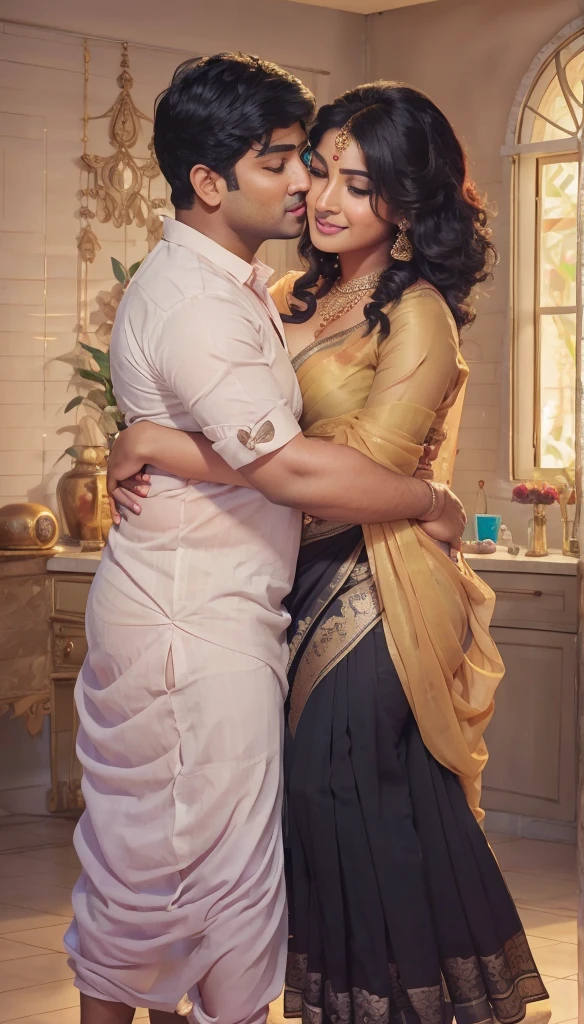 A radiant, full-figured South Indian 25 year old girl wearing a black saree tenderly hugging and kissing a jubilant 35-year-old man while laying on bed, captured in a full-body image with vibrant hues and meticulous details. Full body image