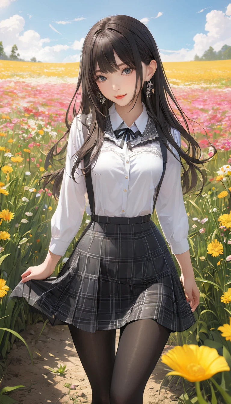 (masterpiece), (Highest quality), (Very detailed),Black Pantyhose, skirt, ear,Are standing,  Flower Field,