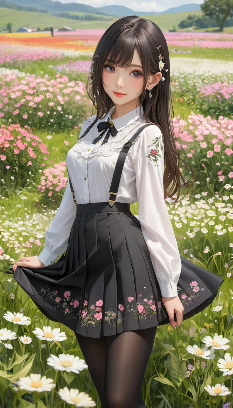 (masterpiece), (Highest quality), (Very detailed),Black Pantyhose, skirt, ear,Are standing,  Flower Field,