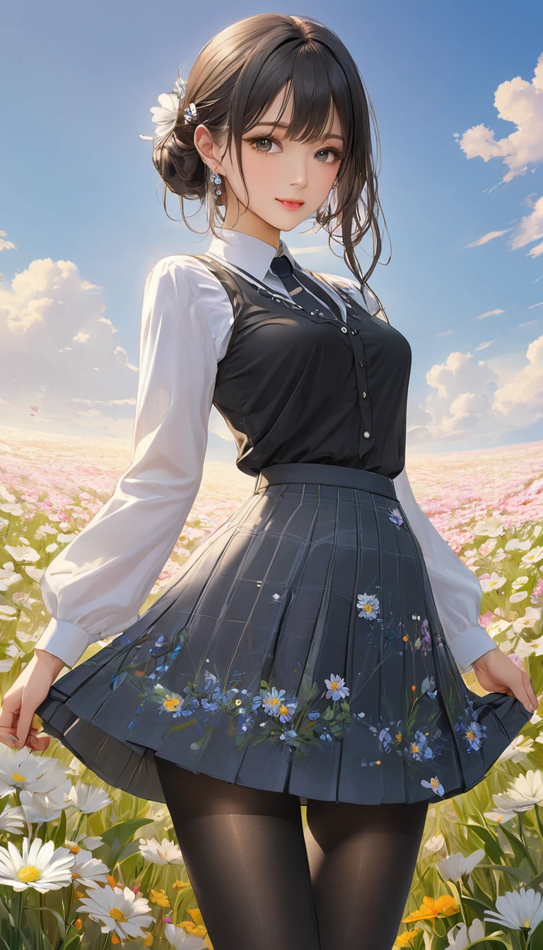 (masterpiece), (Highest quality), (Very detailed),Black Pantyhose, skirt, ear,Are standing, Flower Field,