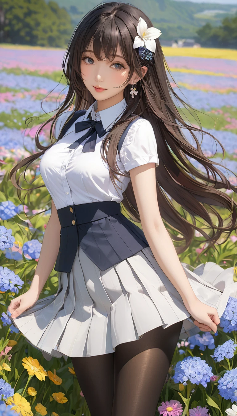 (masterpiece), (Highest quality), (Very detailed),Black Pantyhose, skirt, ear,Are standing,  Flower Field,