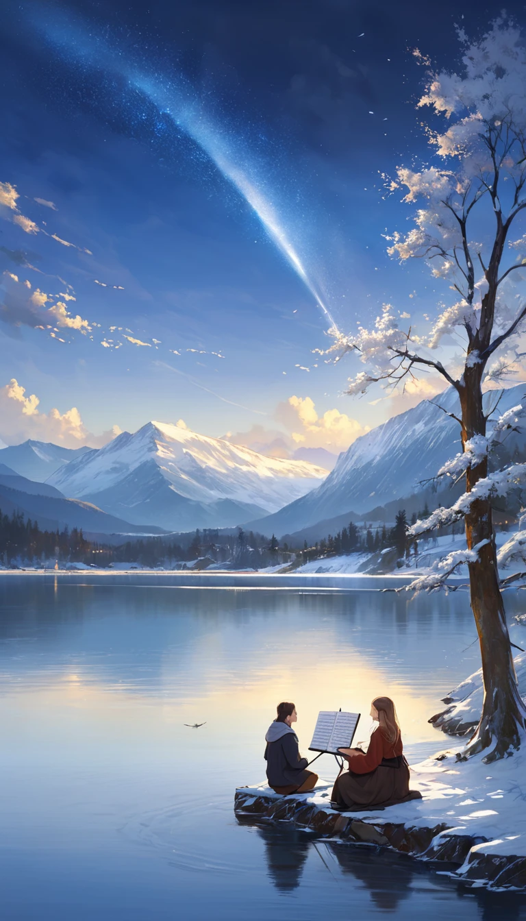 Singing by the lake, In landscape painting, Heaven and earth are thick and cold., Once we meet it&#39;s hard to break up, And it&#39;s hard to break up.