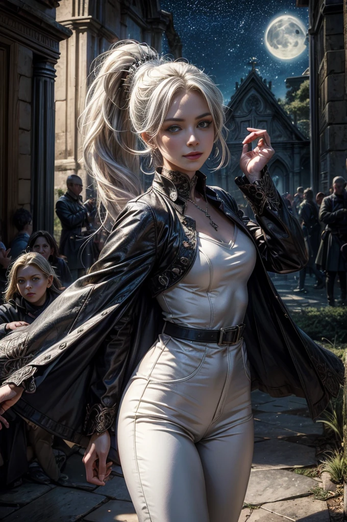 (masterpiece, best quality:1.2), cowboy shot, dynamic pose, weissvale, smile, closed mouth, looking at viewer, long white hair, side ponytail, scar above eye, scar below eye, white trouser suit, jewelry, necklace, earrings, future_urban, indoors, standing outside old church ruins, night, stars, moon, crowd, crowd wearing military uniform, (volumetric lighting), intricate details, tonemapping, sharp focus, hyper detailed