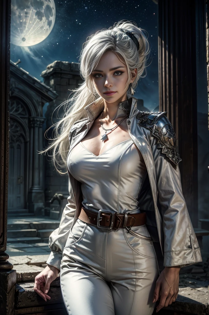 (masterpiece, best quality:1.2), cowboy shot, dynamic pose, weissvale, smile, closed mouth, looking at viewer, long white hair, side ponytail, scar above eye, scar below eye, white trouser suit, jewelry, necklace, earrings, future_urban, indoors, standing outside old church ruins, night, stars, moon, crowd, crowd wearing military uniform, (volumetric lighting), intricate details, tonemapping, sharp focus, hyper detailed