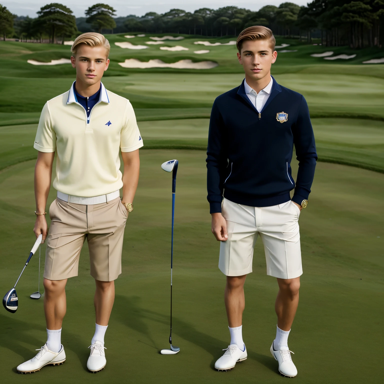 2 young different aristocratic young boys with clean preppy undercut haircuts, one blonde, the other one is lohight-brown haired, wearing long white socks, golf shoes, golfer short pants, navy-blazers with embroyederies, gold signet ancient ring, playing golf in a magnificent scottish golf yard