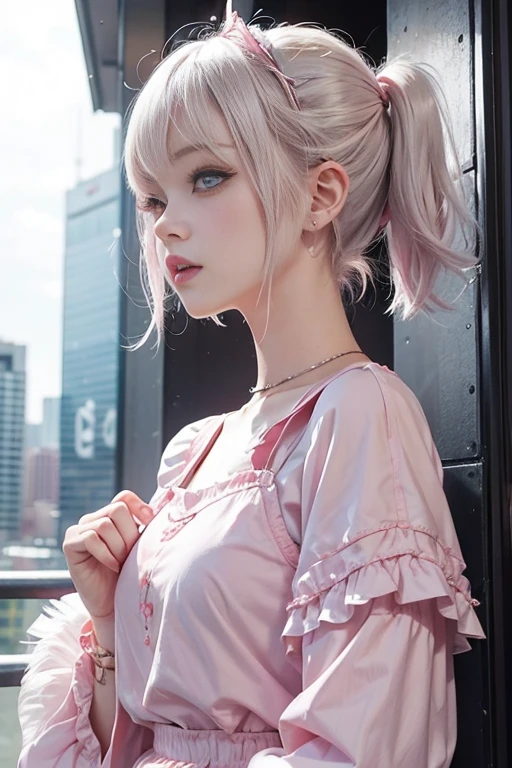 Short white hair, blush, Princess、Punk Fashion、Headbang 2.、Pink clothes、Twin tails、sharp、The background is the city、