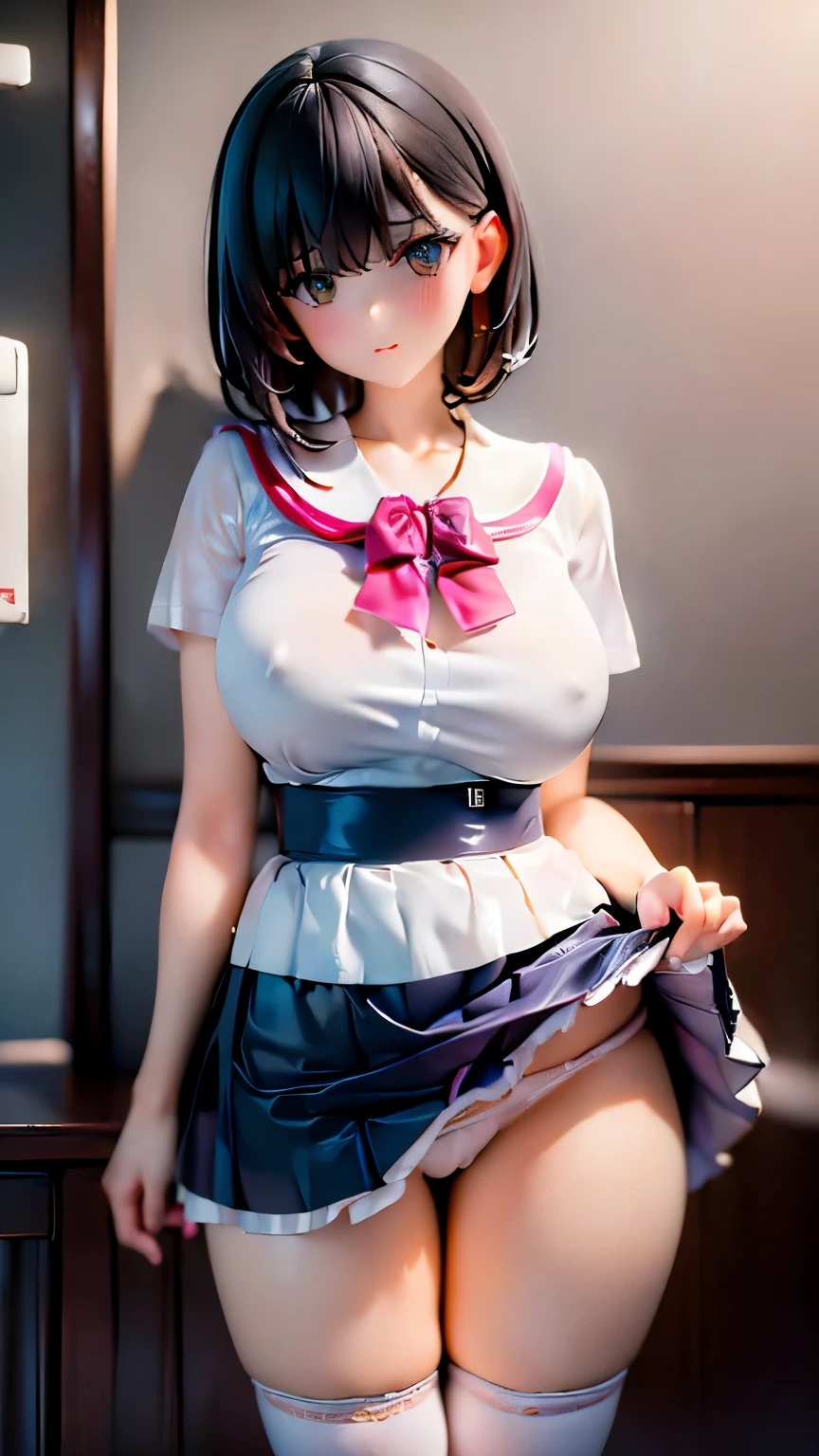 Highest quality,masterpiece,8k,((((One girl)))),((Big Breasts:1.3)),orgasm,blush,Sweat,Zodiac_Soon,Black Hair,short hair,((Seraphim,White shirt,Black Skirt,mini skirt,Lift up your skirt,Under the skirt,White panties,Black knee socks:1.3))、48 years old、Beautiful mature woman