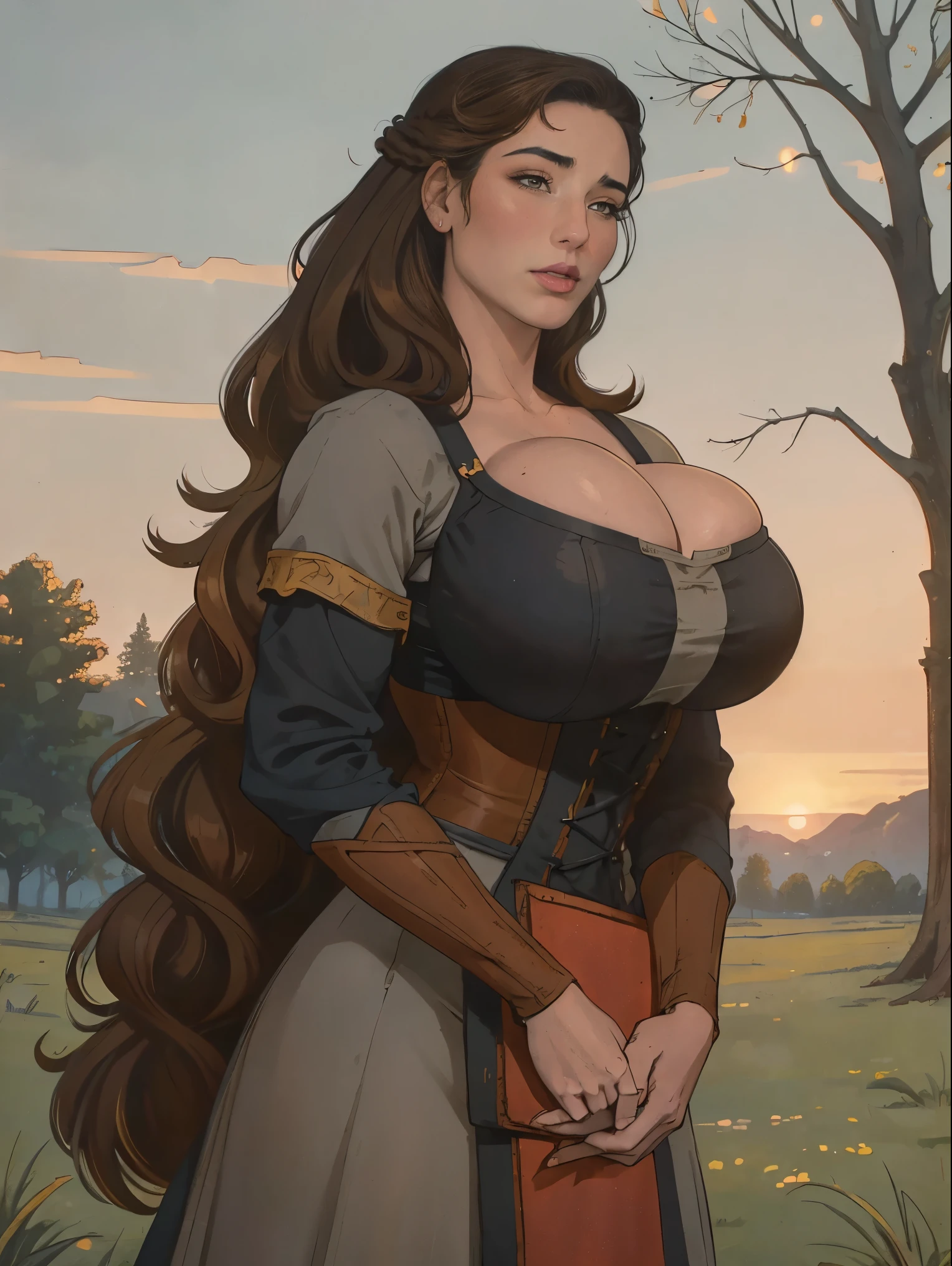 Gorgeous and sultry busty athletic (thin) brunette peasant with sharp facial features wearing a modest updo, medieval hair cover, rough-spun grey and brown medieval dress, long sleeves, wide neck, long dress, tight bodice, corset, Middle Ages, cottage, farm, exterior, trees, countryside, evening, sunset.