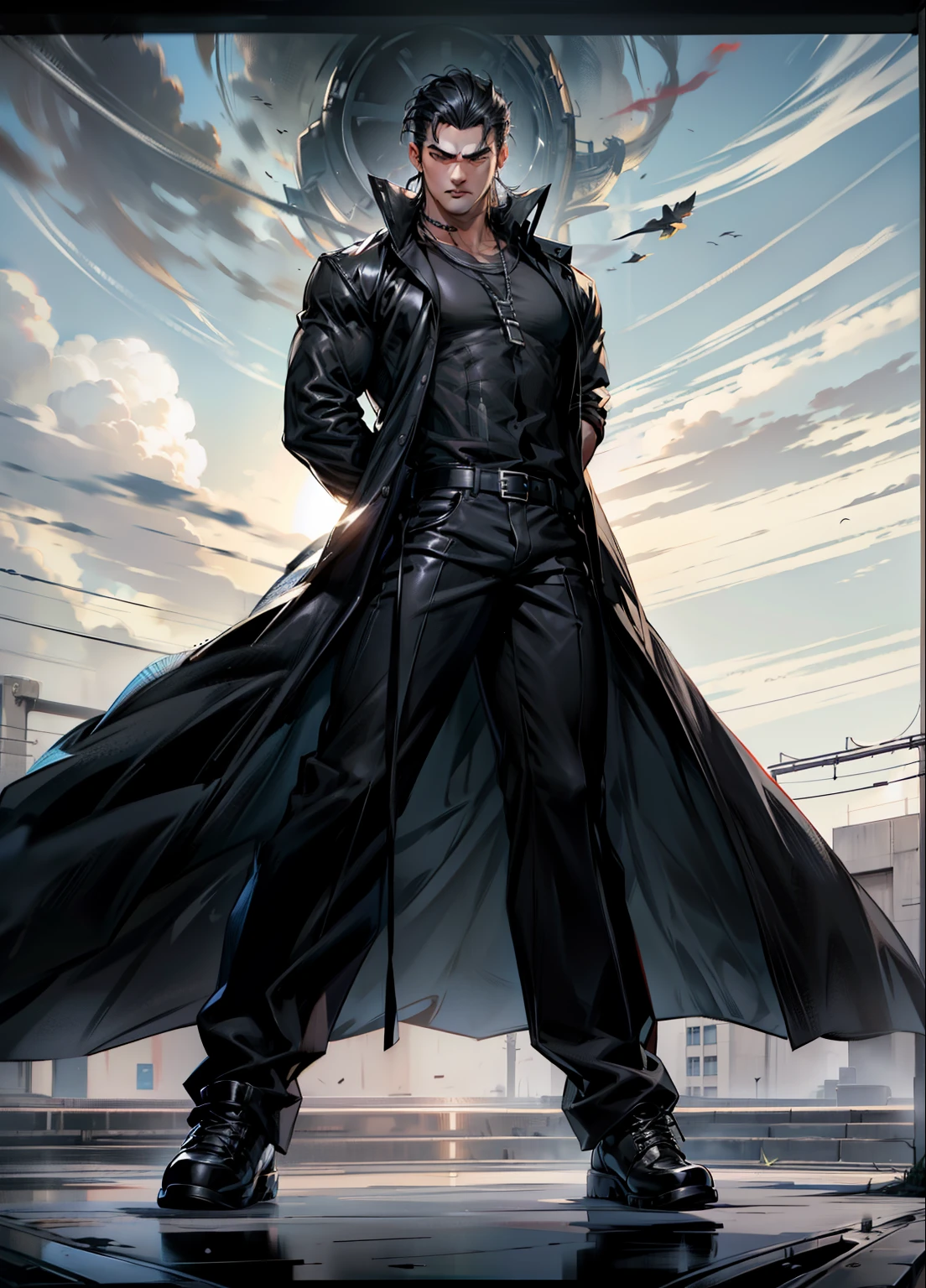 boys 26 Years old, Serious face, black hair, flowing hair, muscular, wearing ((black shirt)), black pants, high cut boots, standing
