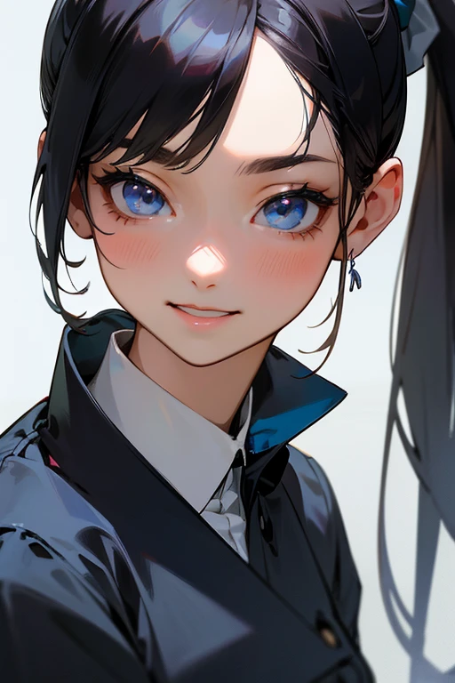 (Highest Resolution, clear_image) Highest quality, single, One Woman, alone, masterpiece, Very detailed, Semi-realistic, Black Hairのショートヘア, Black Hair, bangs, 18-year-old, mature, light blue uniform, uniform, Indoor Background, kind, Authoritative, Powerful, exquisite features, exquisite features、Eyelashes become longer、Showing teeth、smile😀、Maid clothes、ponytail、((mini skirt)).(Face close-up)、