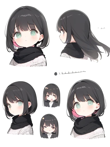 small girl, dark hair, (front view), fantasy, ((character sheet)), cozy oversized clothining, color palette black white and pink