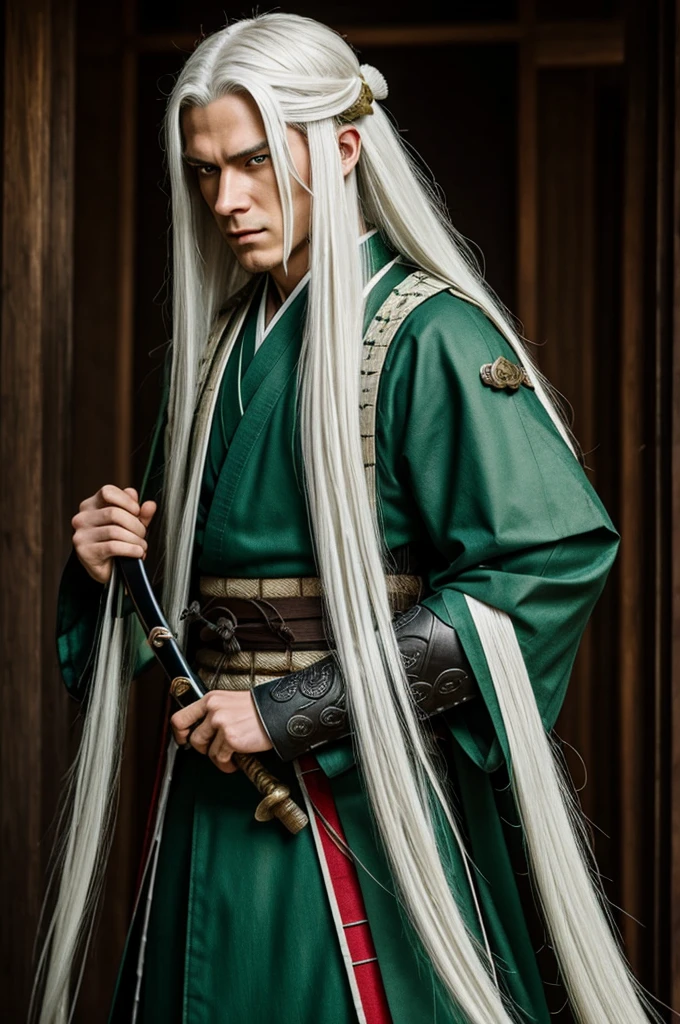 Long white hair boy, green eyes, wearing an ancient Samurai suit, demon slayer style