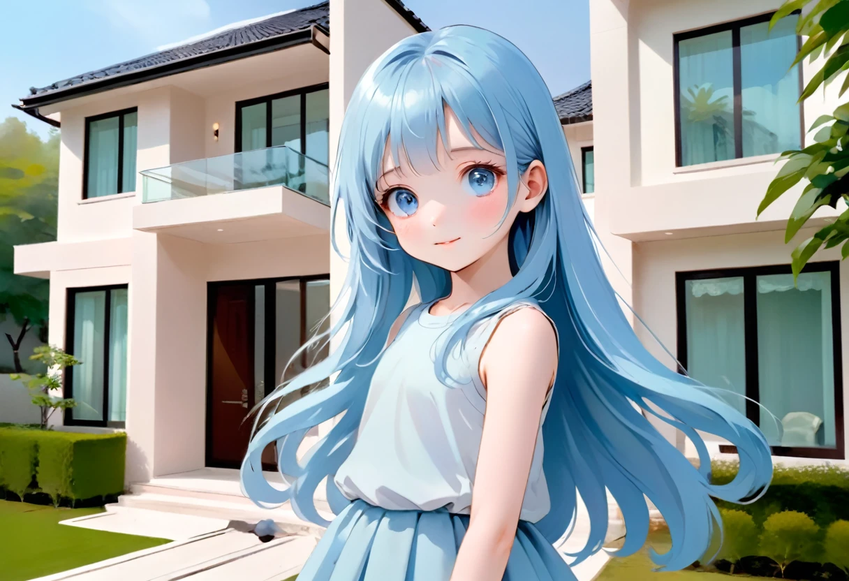  masterpiece, best quality, extremely detailed, (illustration, official art:1.1), 1 girl ,(((( light blue long hair)))), ,(((( light blue long hair)))),light blue hair, , long hair ((blush)) , cute face, masterpiece, best quality,(((((a very delicate and beautiful girl))))),Amazing,beautiful detailed eyes,blunt bangs((((little delicate girl)))),(((tareme))),droopy eyes.(true beautiful:1.2), sense of depth,dynamic angle,,,, affectionate smile, (true beautiful:1.2),,(tiny 1girl model:1.2),)(flat chest),smile、(4 year old child２people)、Holding hands and taking a walk、, proudly showing her their luxurious, modern home. The home is elegant and sophisticated, seamlessly blending with the surrounding lush greenery. The scene exudes a warm, aesthetic vibe, with soft, inviting colors and gentle lines, capturing the love and pride in the young girl eyes as he presents their stunning residence to his mother. The house features sleek architecture, large windows, and stylish design elements, ensuring a contemporary and luxurious feel. The overall atmosphere is serene and enchanting, evoking a sense of beauty, tranquility, and modern opulence.a family of 3 posing in front of a house、full body、Long skirt