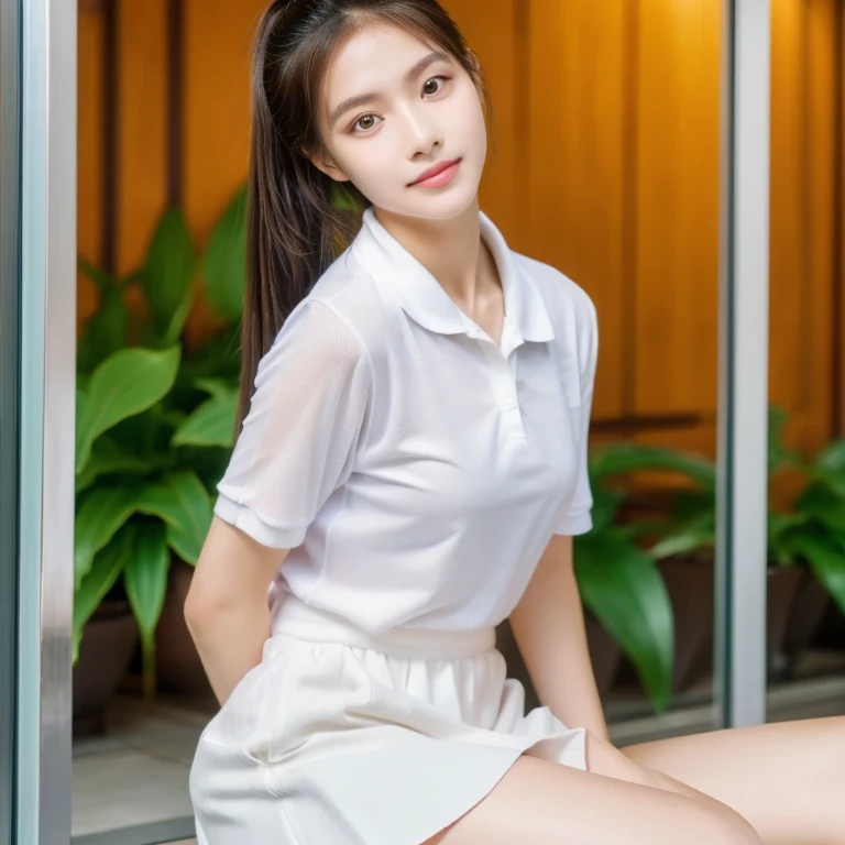 8k, High resolution, Anatomically correct, High detail, A Japanese man wearing tennis wear, a white short-sleeved polo shirt with a collar, Typical summer outfit,Ponytail hairstyle,White skirt, Show off your beautiful legs,Beautiful Face,Clear, beautiful eyes,Beautiful eye shape,Inviting eyes,Gentle eyes,Realistic depiction, photograph,One woman,Exquisite,clear,Textured skin,Clear skin,Small face,Small Mouth,Natural makeup,Show off your beautiful thighs,Invite,Embarrassing