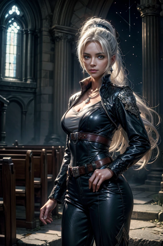 (masterpiece, best quality:1.2), cowboy shot, dynamic pose, weissvale, smile, closed mouth, looking at viewer, long white hair, side ponytail, scar above eye, scar below eye, black dress, jewelry, necklace, earrings, future_urban, indoors, standing inside old church ruins, night, stars, moon, crowd, crowd wearing military uniform, (volumetric lighting), intricate details, tonemapping, sharp focus, hyper detailed