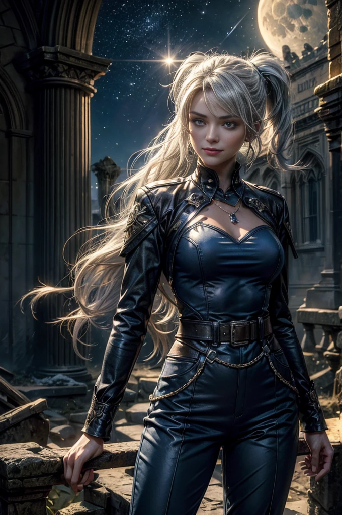 (masterpiece, best quality:1.2), cowboy shot, dynamic pose, weissvale, smile, closed mouth, looking at viewer, long white hair, side ponytail, scar above eye, scar below eye, blue trouser suit, jewelry, necklace, earrings, future_urban, indoors, standing outside old church ruins, night, stars, moon, crowd, crowd wearing military uniform, (volumetric lighting), intricate details, tonemapping, sharp focus, hyper detailed