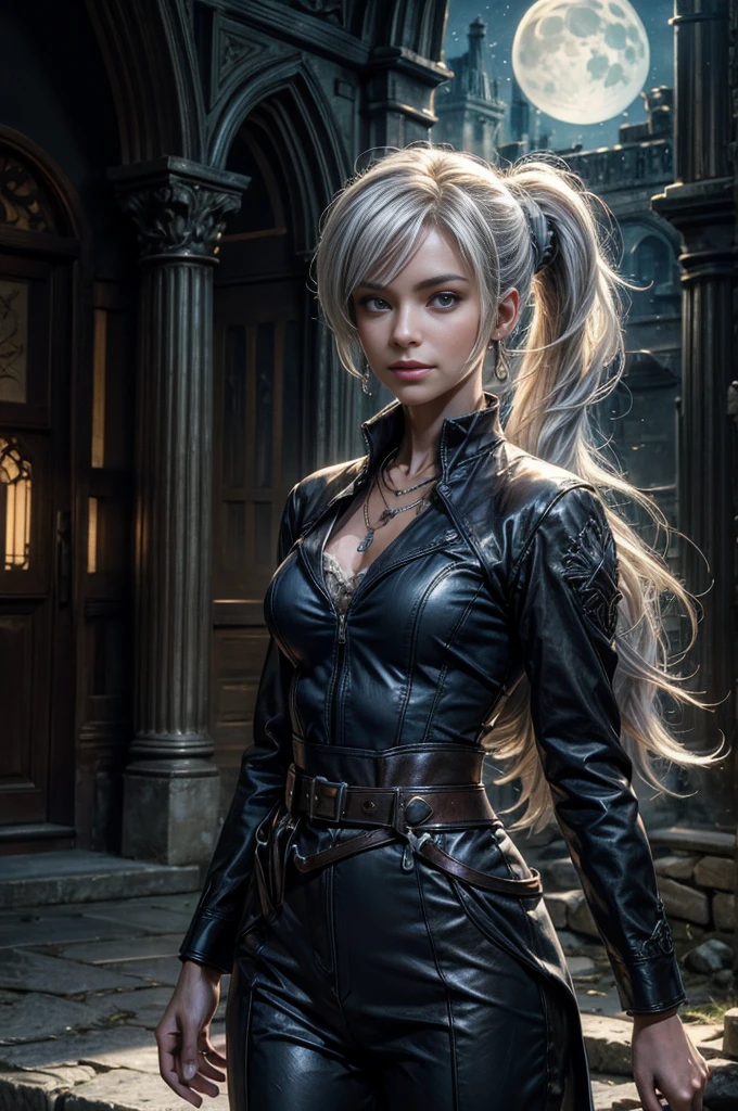 (masterpiece, best quality:1.2), cowboy shot, dynamic pose, weissvale, smile, closed mouth, looking at viewer, long white hair, side ponytail, scar above eye, scar below eye, blue trouser suit, jewelry, necklace, earrings, future_urban, indoors, standing outside old church ruins, night, stars, moon, crowd, crowd wearing military uniform, (volumetric lighting), intricate details, tonemapping, sharp focus, hyper detailed