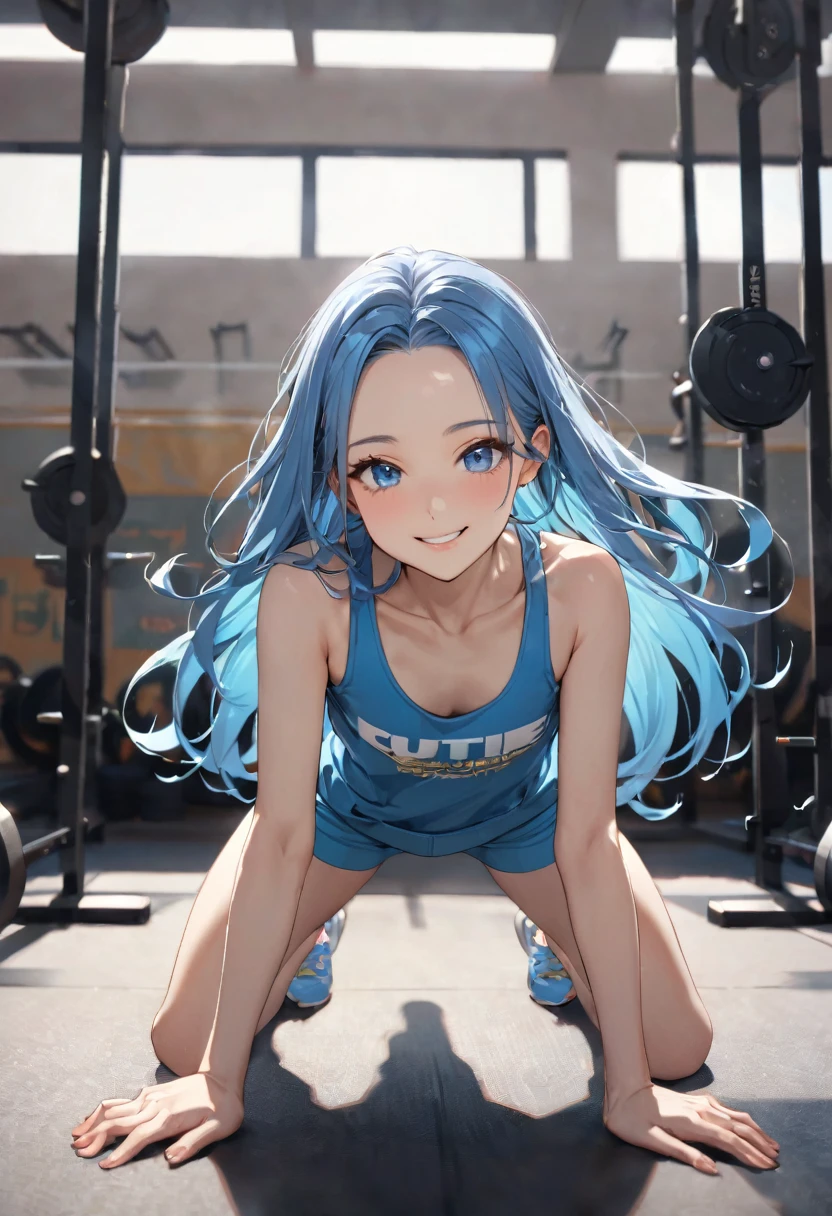 (Battle Festival style) ((beautiful frying and Handstanding)), (solo:2, 15 yo), (beautiful forehead), (beautiful detailed blue hair long hair), (best cute girl, immensely cute blue eyes, smile, small tits), in a tank top, hot pants, break, in the gym, BREAK, perfect anatomy, masterpiece, best quality, 16k, beautiful detailed grow, daydreaming expression.