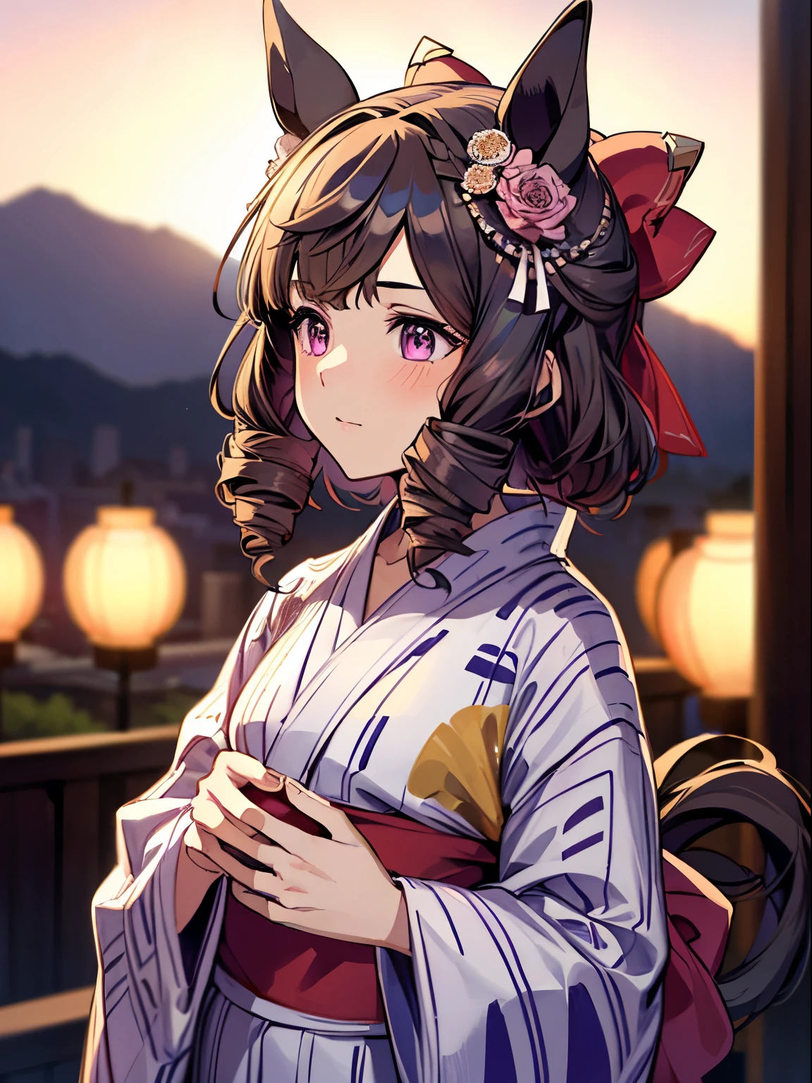 1 girl, Solo, Cute Girl,Best Quality, Ultra-detailed, 8K, High resolution, detailed face, madeon, looking far, (((yukata))), horse ears, 