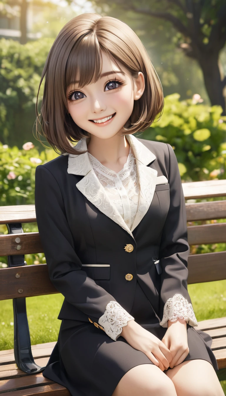 sunny day, Elegant photo of a girl in a blazer dress, (Puffy eyes:1.05), (White lace shirt), Platinum brown hair, (Angled Bob:1.4), Flat bangs, (Flowing Hair), Happy, happiness, Skin with attention to detail, Skin pores, A beautiful innocent symmetrical face, Long eyelashes, Black eyeliner, Light gold eyeshadow,(Sit on a bench), Crossed_feet, Emotional, Wind, garden, wood, Grass, masterpiece, Highest quality, Realistic,