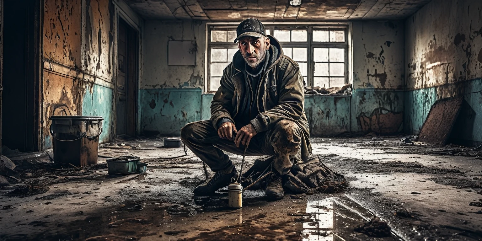 a man in dirty casual clothes, pest control, killing rats and cockroaches, dirty abandoned place, toxic spray, vermin extermination, detailed realism, photorealistic, cinematic lighting, dramatic shadows, gritty urban decay, high-contrast, muted colors, grunge aesthetic, masterpiece, ultra-detailed, hyper-realistic, HDR, 8k, professional photography