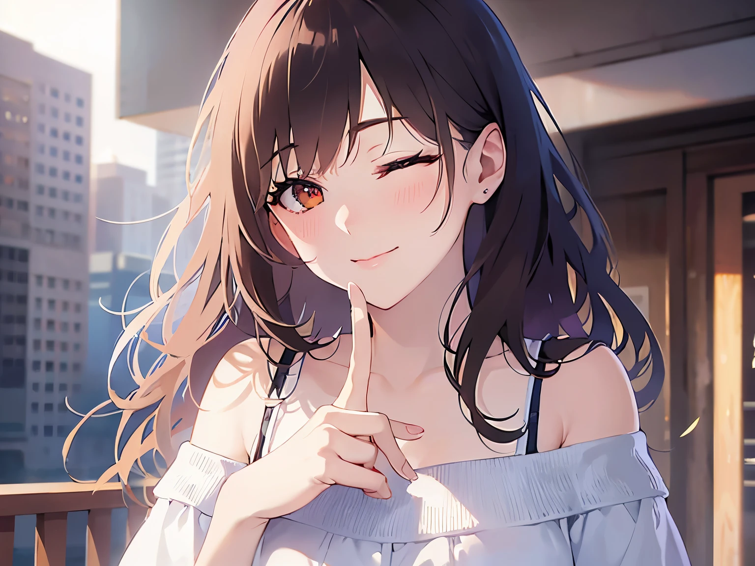 Detailed CG,Ultra-fine illustrations,masterpiece,Highest quality,BREAK(white:1.5) and (off shoulder blouse)BREAK,Realistic,Real person,RAW Photos,Realistic(Pale skin:1.2),Glowing Skin,Shiny Hair,(A 27-year-old woman with medium-length hair and bangs)and(Wavy Hair)and(Brown Hair)and(Orange eyes),(smile:1.2),(one eye closed:1.5),(blush:1.3),The background is in front of the station,Alone,Place index finger on mouth,(Biologically correct５Finger)