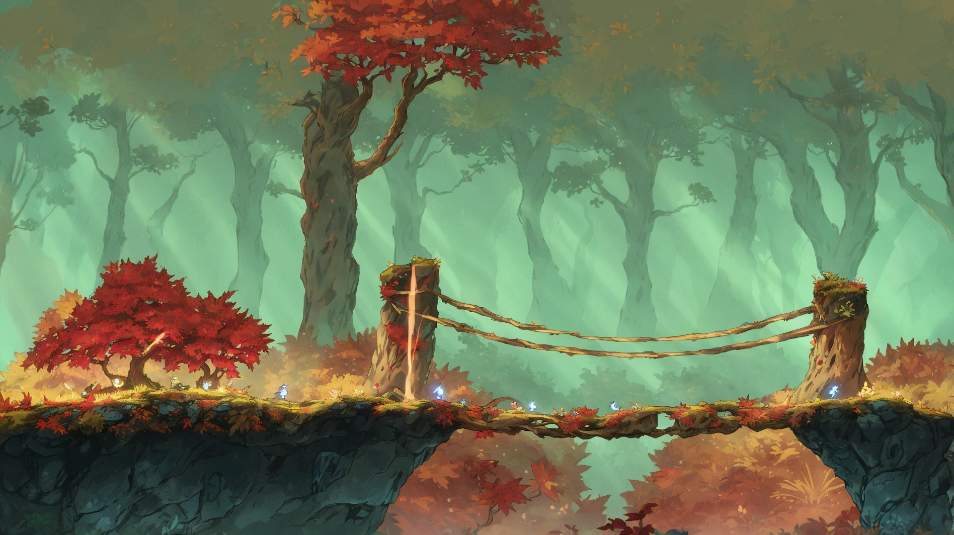 sunny day, ray light, masterpiece,best quality,autumn, blue background, red leaves, big rock with mossr,ori and the will of the wisps,ori and the blind forest,spirit tree,ori,