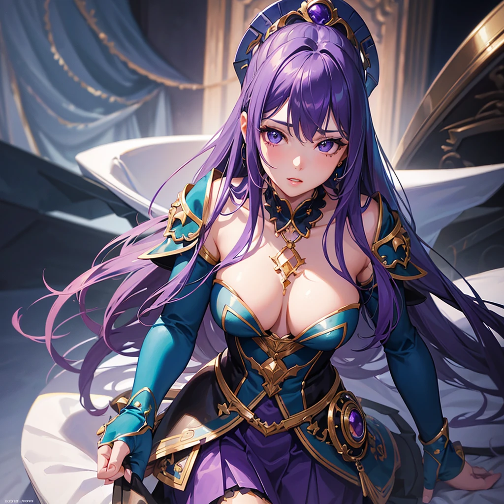 detailed portrait of a girl, hip-length wavy hair with purple, purple and turquoise tips, purple eyes, wearing a blue armor-like top and a blue silk-like ducktail style skirt with gold tones, sexy black knee-high stockings, heroine outfit with a necklace (best quality,4k,8k,high resolution,masterpiece:1. 2),ultra-detailed,(realistic,photorealistic,photo-realistic:1. 37), studio lighting, extremely detailed facial features, beautiful detailed eyes, beautiful detailed eyes, beautiful detailed lips, extremely detailed face, longeyelashes, blue skirt, blue top, anime style, vibrant colors, dramatic lighting, epic heroic pose