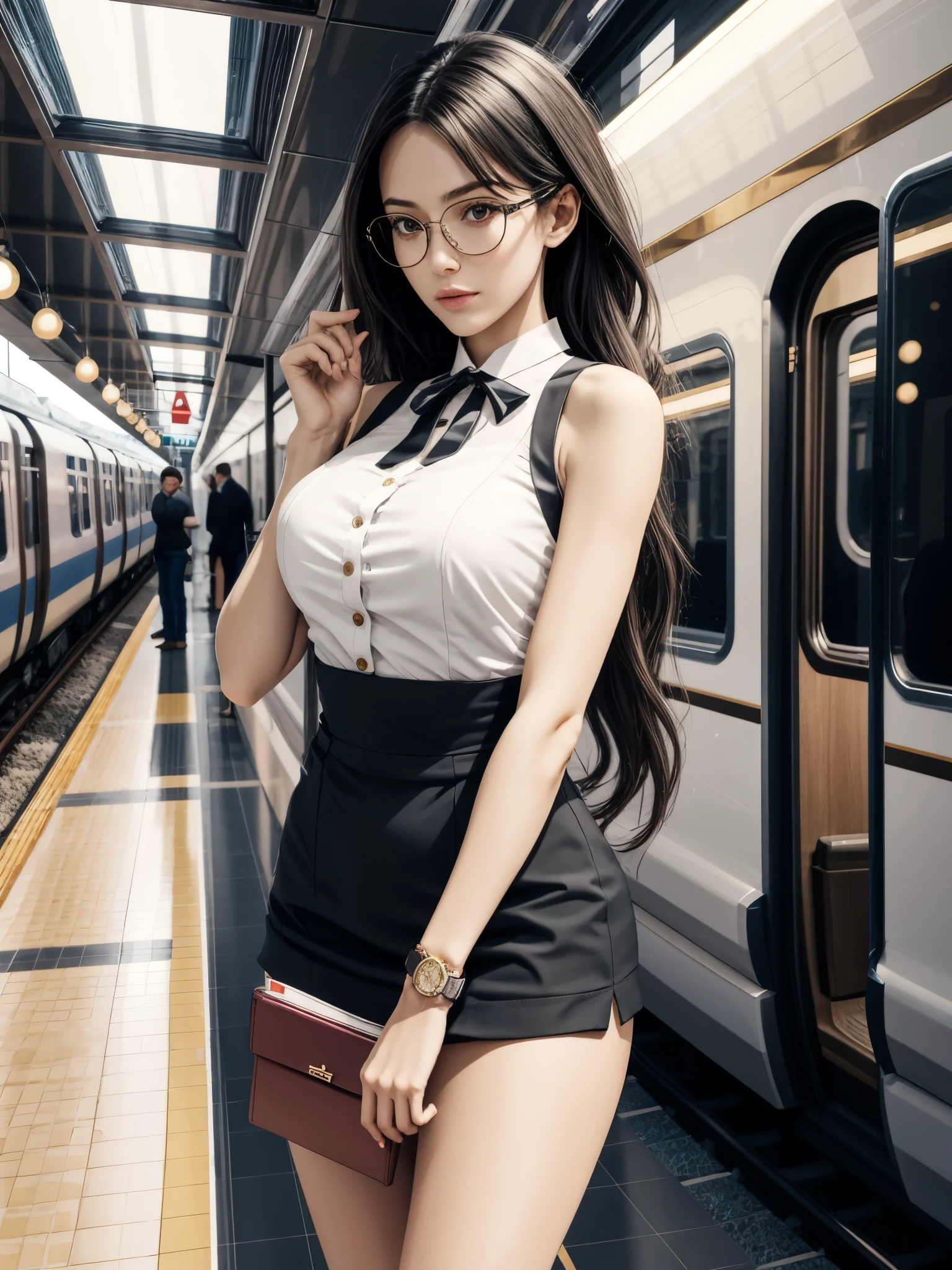 1girl, standing, curvy, holding small book, holding bag, detailed face, (looking at viewer:1.4), sleeveless ruffle blouse, high neck collar, skirt, slick back hair, hair strands, glasses, delicate watch, (gigantic breasts), feminine, train station, (best_quality, masterpiece:1.2), (highly detailed), (4k, 8k, uhd, high_resolution, highres), (luxurious modern train station, sleek architecture, elegant decor, marble floors, gold accents, contemporary chandeliers, spacious hall, high ceilings, large windows, polished surfaces, premium materials, sophisticated lighting, stylish seating, opulent atmosphere, refined decor, upscale ambiance, exterior view, luxury train parked outside, modern design:0.8)