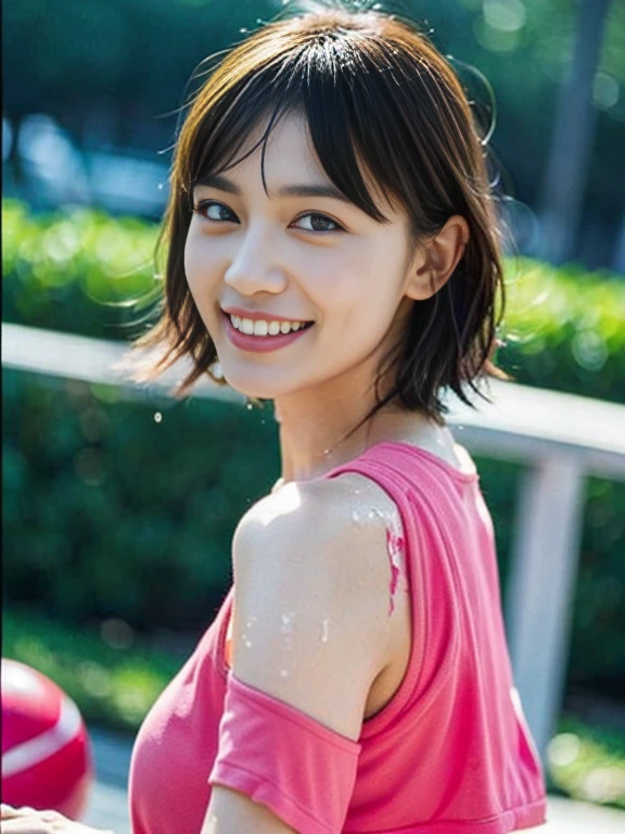 8k, super detail, best quality, textured skin, anatomically correct, masterpiece , top quality, cinematic lighting, Use perspective throughout , surrealism , ,(photorealistic:1. 3),(RAW photo) , black hair, light smile, short hair, bob cut, anaglyph, stereogram, (MILF:1), (38 years old), ((Close:0.5)), glare, double eyelids, lip gloss, (smile:1), ((eyes closed:0.85)), red mouth, collar bone, ((looking at viewer)), (short auburn hair wet and shiny), (full body in view) , wide-eyed eyes , perfectly round eyes , fine texture ,Highly detailed CG Unity 8k wallpaper, highest quality, Tabletop, 38 years old,((Very short hair))、(((Large Breasts)))、Cleavage , Round eyes, smile, ((Tall beautiful woman))、 Tank top , Sportswear ,((training))、 (((シアーSportswear)))、sports gym、Stand upright、Front view、Standard body shape、D cup breasts