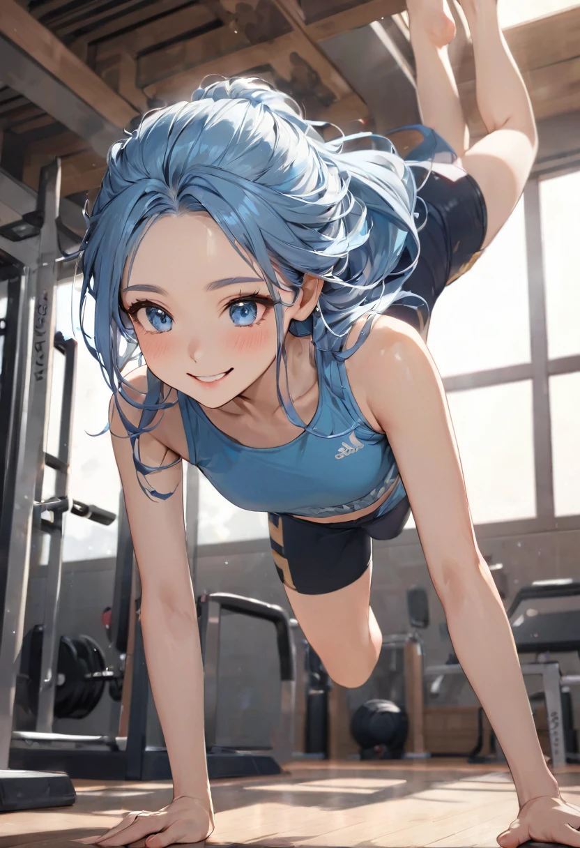 (Acrobatic style) ((beautiful frying and Handstanding)), (solo:2, 15 yo), (beautiful forehead), (beautiful detailed blue hair long hair), (best cute girl, immensely cute blue eyes, smile, small tits), in a tank top, hot pants, break, in the gym, BREAK, perfect anatomy, masterpiece, best quality, 16k, beautiful detailed grow, daydreaming expression.