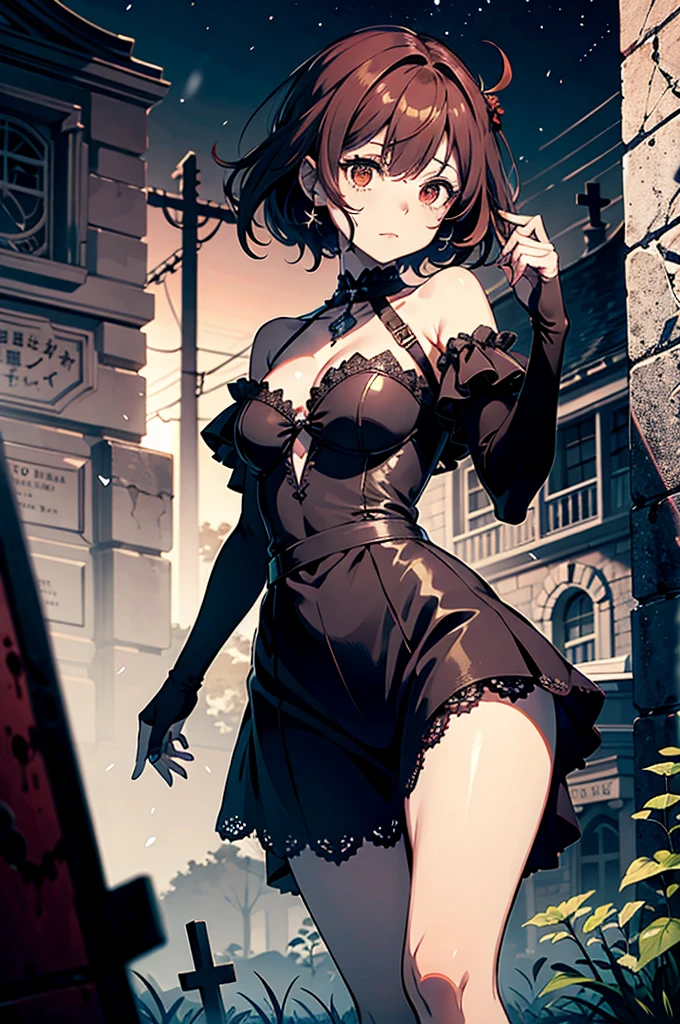 (Highest quality、High resolution、8k、masterpiece:1.2)。Her eyes were shining like stars、Curvaceous yet slender、rotting skin、Spooky atmosphere、zombie、Incomplete limbs、肌は糸で縫った痕で埋め尽くされた女性のzombie。Lifeless。Sunken look。Under the light of the red moon、zombieは生き埋めの状態からゆっくりと抜け出す、In the middle of a sandy cemetery lined with old gravestones、Depicts a slowly ing scene。While gracefully twisting your shoulders,、Grasping the gravestone in his rotting, pale hands。An elegant tattered dress fluttering in the wind、Damaged hair swaying in the darkness、zombieの歪んだ足取りを、Describe it as if it were fascinating。A devilish red moon hovers behind the cemetery、The red moonlight accentuates her eerie beauty.。In the distance you can see a small devil's castle。A thin mist hangs around the gravestone..、An eerie silence hangs in the air、Bats flying around。手足が不完全なzombieが空を見上げている、At a loss, Like searching for an arm in the dark。This scene、zombieの動きの妖艶さと美しさを兼ね備えた不気味な作品に仕上げました。
