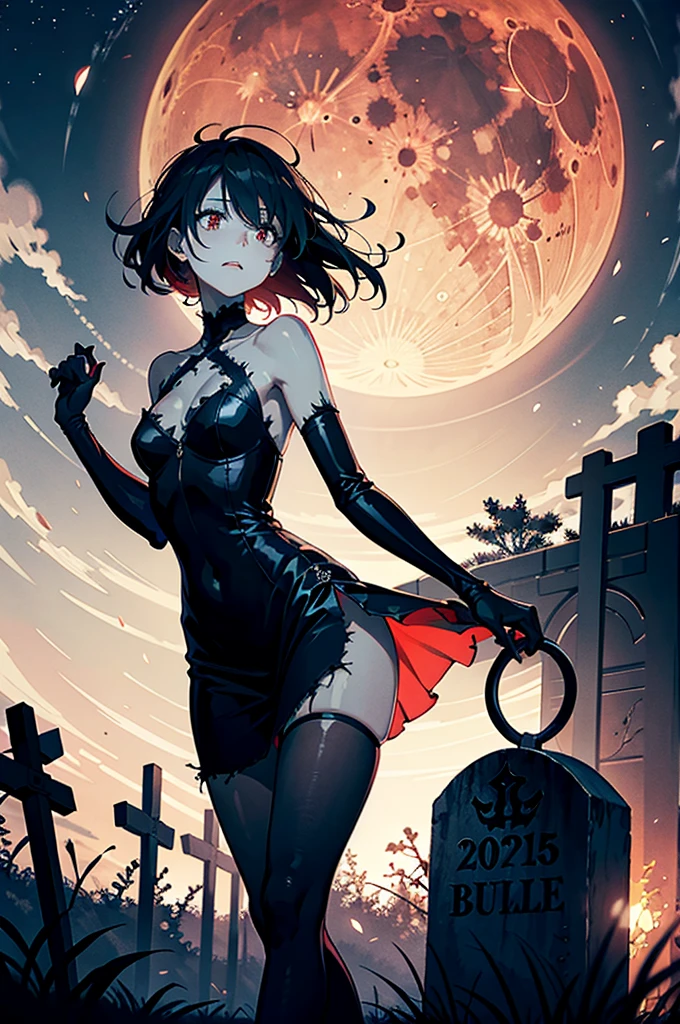 (Highest quality、High resolution、8k、masterpiece:1.2)。Her eyes were shining like stars、Curvaceous yet slender、rotting skin、Spooky atmosphere、zombie、Incomplete limbs、肌は糸で縫った痕で埋め尽くされた女性のzombie。Lifeless。Sunken look。Under the light of the red moon、zombieは生き埋めの状態からゆっくりと抜け出す、In the middle of a sandy cemetery lined with old gravestones、Depicts a slowly creeping scene。While gracefully twisting your shoulders,、Grasping the gravestone in his rotting, pale hands。An elegant tattered dress fluttering in the wind、Damaged hair swaying in the darkness、zombieの歪んだ足取りを、Describe it as if it were fascinating。A devilish red moon hovers behind the cemetery、The red moonlight accentuates her eerie beauty.。In the distance you can see a small devil's castle。A thin mist hangs around the gravestone..、An eerie silence hangs in the air、Bats flying around。手足が不完全なzombieが空を見上げている、At a loss, Like searching for an arm in the dark。This scene、zombieの動きの妖艶さと美しさを兼ね備えた不気味な作品に仕上げました。