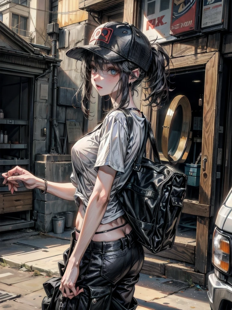 whole body, Anime character, stylish girl, fashion, baseball cap, black t-shirt, baggy cargo pants, gravure, absurdres, RAW photo, extremely delicate and beautiful, masterpiece, Best Quality, ultra high resolution, 32k, hyperrealistic, ultra-detailed, perfect figure, perfect shape, detailed description, pale skin, 20 years old, detailed beautiful face and eyes, tearful mole, earring, short medium hair, wavy hair,