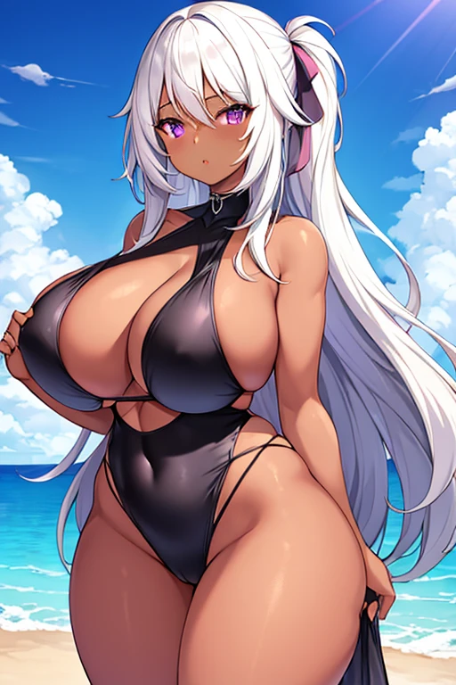 1girl, dark skin, dark-skinned female, white hair, long hair, purple eyes, huge breasts, breasts, thick thighs, mature female, sling bikini, one-piece swimsuit, beach, black sling bikini, tall, tall female