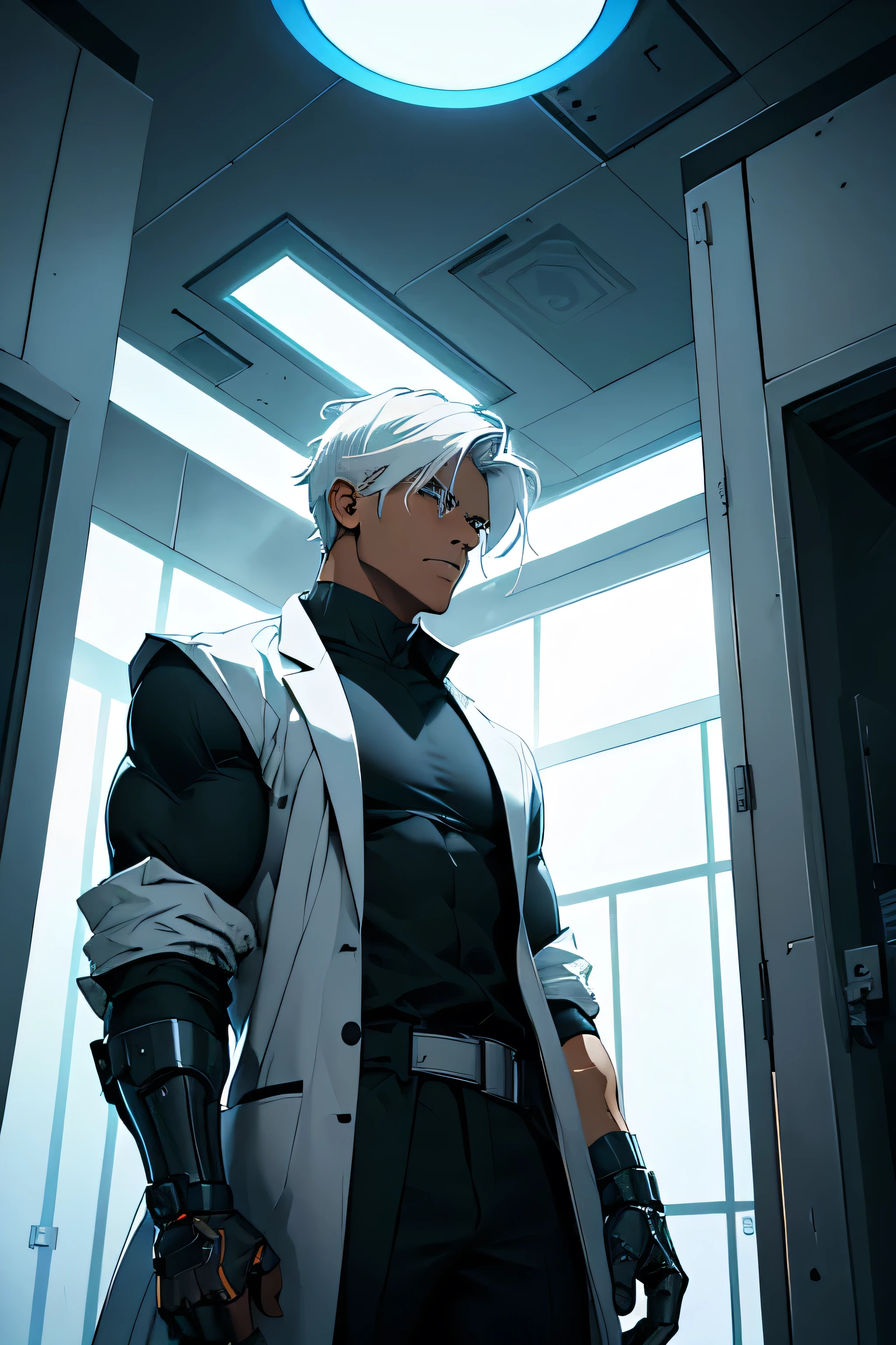 Create a book cover for “The Diminishing Persistence” featuring Obsidian, a brown-skinned male with white hair. He wears a lab coat over a skin-tight black shirt that shows his defined physique. He stands in the interior of a spaceship, a metallic room with futuristic elements. In front of him is a slightly cracked mirror reflecting his terrified expression and his metallic robotic prosthetic arm. The dim lighting casts shadows, highlighting his fear and the unsettling, mysterious atmosphere of the story.