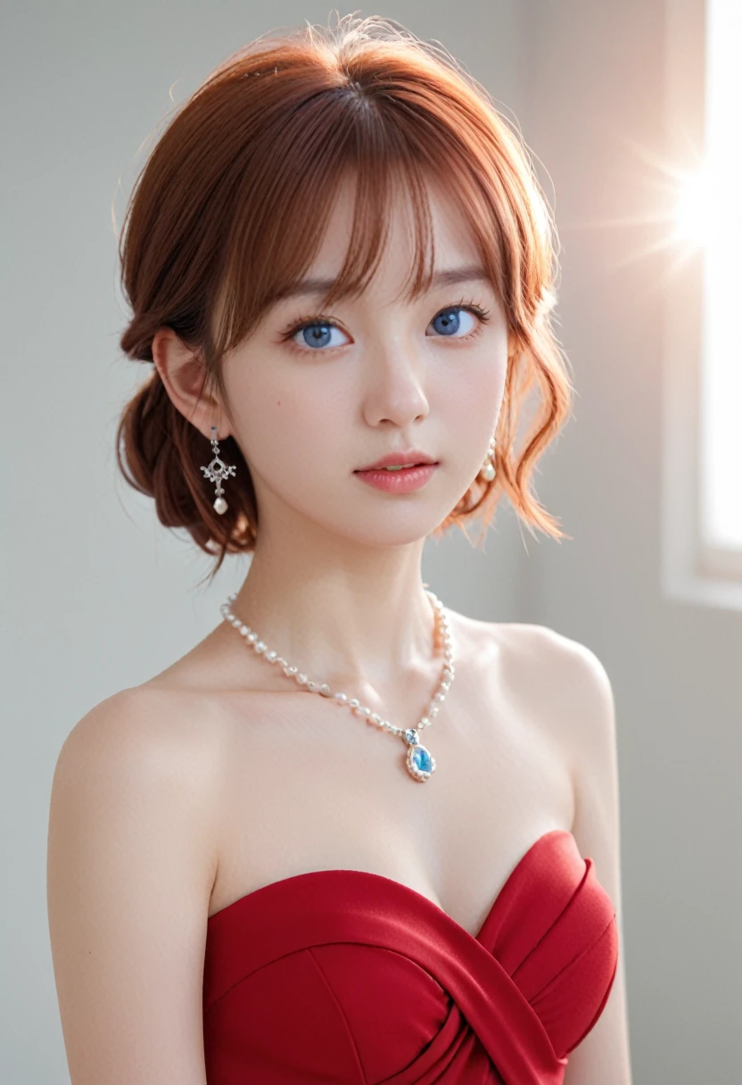 Simple white background,
Stand in an upright and immobile position,
Strapless,Red dress,Exposing shoulders, Deep valley, clavicle,Black Crown,
Pearl Necklace,jewelry, gem,Hoop Earrings,
Redhead, Swept-apart bangs,blue eye,
1 girl, 20-year-old,young woman,beautiful Finger,beautiful long legs,beautiful body,beautiful Nose,beautiful character design, perfect eye, perfect face,expressive eye,Perfect balance,
View your viewers,(Focus on her face),Mouth closed, (Innocent_big_eye:1.0),Light_笑face,
Official Art,Very detailed CG ユニティ 8k 壁紙, Perfect lighting,colorful, bright_front_face_Lighting,Glowing Skin,
(masterpiece:1.0),(Highest_quality:1.0), 超High resolution,4K,Very detailed,
photograph, 8k, High resolution, High resolution, Absurd:1.2, 400 for Kodak Port, Film Grain, Blurred Background, Bokeh:1.2, Lens flare, (Vibrant_color:1.2),プロのphotograph,
(beautiful,big_chest:1.4), (beautiful_face:1.5),(narrow_Waist),