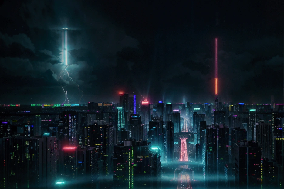 neon city skyline, aerial view, rain falling, holographic signs glowing brightly, cinematic lighting, dramatic atmosphere, vibrant colors, cyberpunk aesthetic, hyper detailed, 8k, photorealistic, professional digital art, dramatic lighting, futuristic, moody, neon signs, urban landscape, night scene, cinematic composition, depth of field, cinematic camera angle, architectural elements