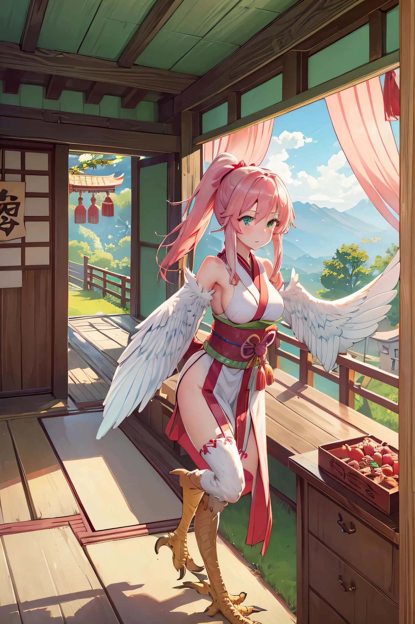 4K,High resolution,One Woman,Harpy,Pink Hair,Short Ponytail,Green Eyes,Big Breasts,White Wings,Golden toenails,Shrine maiden,White Shrine maiden outfit,hair band,Japanese Village