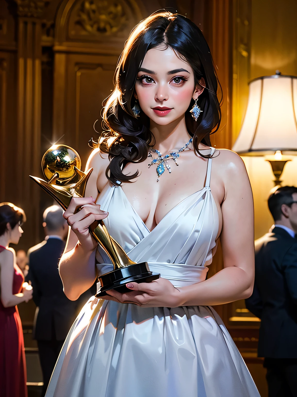 (Young female artist wins prestigious international award)、Moments of joy、((A glamorous award ceremony))、A grand and luxurious awards ceremony venue、A large crowd of people applauded、(A woman happily holding a trophy)、Correct fingers、Beautiful and detailed eyes、Beautiful and detailed lips、Extremely detailed eyes and face、Long eyelashes、Confident expression、Elegant evening dresses、Increased transparency、(Super big breasts pointing upwards)、Dramatic lighting、Studio Setup、(Highest quality、4K、8k、High resolution、masterpiece:1.2)、Ultra-definition、(Real、Photorealistic、Photo-Realistic:1.37)、HDR、Vivid colors、Professional photos