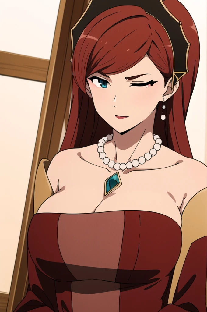 Simple white background,
Stand in an upright and immobile position,
Strapless,Red dress,Exposing shoulders, Deep valley, clavicle,Black Crown,
Pearl Necklace,jewelry, gem,Hoop Earrings,
Redhead, Swept-apart bangs,blue eye,
1 girl, 20-year-old,young woman,beautiful Finger,beautiful long legs,beautiful body,beautiful Nose,beautiful character design, perfect eye, perfect face,expressive eye,Perfect balance,
View your viewers,(Focus on her face),Mouth closed, (Innocent_big_eye:1.0),Light_笑face,
Official Art,Very detailed CG ユニティ 8k 壁紙, Perfect lighting,colorful, bright_front_face_Lighting,Glowing Skin, 
(masterpiece:1.0),(Highest_quality:1.0), 超High resolution,4K,Very detailed,
photograph, 8k, High resolution, High resolution, Absurd:1.2, 400 for Kodak Port, Film Grain, Blurred Background, Bokeh:1.2, Lens flare, (Vibrant_color:1.2),プロのphotograph, 
(beautiful,big_chest:1.4), (beautiful_face:1.5),(narrow_Waist),