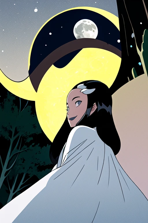 Tinya Wazzo, solo,black hair, long hair. grey eyes, smile, grey lips, white cape, best quality, masterpiece, 1girl, Masterpiece, Best Quality, Detail, forest, night, moon, From Behind, From Below, cape in front, solo, 1girl