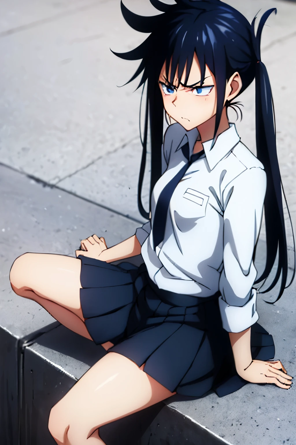 Ultra detailed , megumi girl , long black hair twintails , disappointed face angry , blue eyes , small breasts , black uniform , mini-skirt