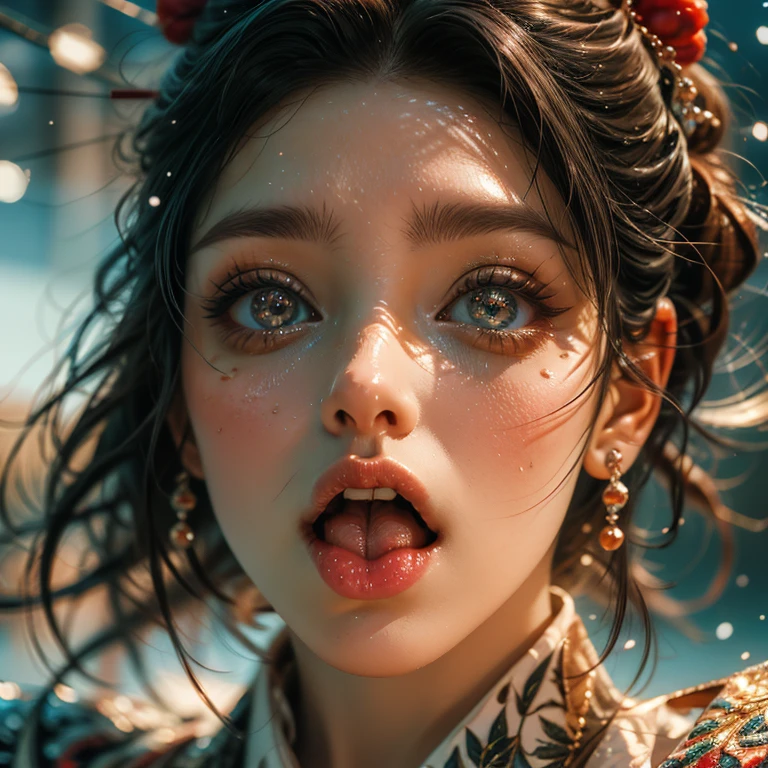 ExtremelyDetailed Kawaii girl Face,(Close-up Sweet lips), glossy lips with beautiful details, Coquettish tongue, Kissing to camera, towards the viewer, 8K TopQuality masterpiece,an extremely delicate and beautiful (ProfessionalPhoto:1.37), {Amazing|finely detail|official art|incredibly absurdres},ultra-detailed close-up shot, close up, (fish eye lens), wide lens, macro lens, Detailed reflective Eyes ElaboratePupils with (sparkling highlights:1.28) (Delicate Voluminous LongEyelashes:0.88), {(Tilted face:1.22)|Visible back of throat|saliva drips|naked shoulder}, (Dripping juice on tongue:1.23) snow particles
