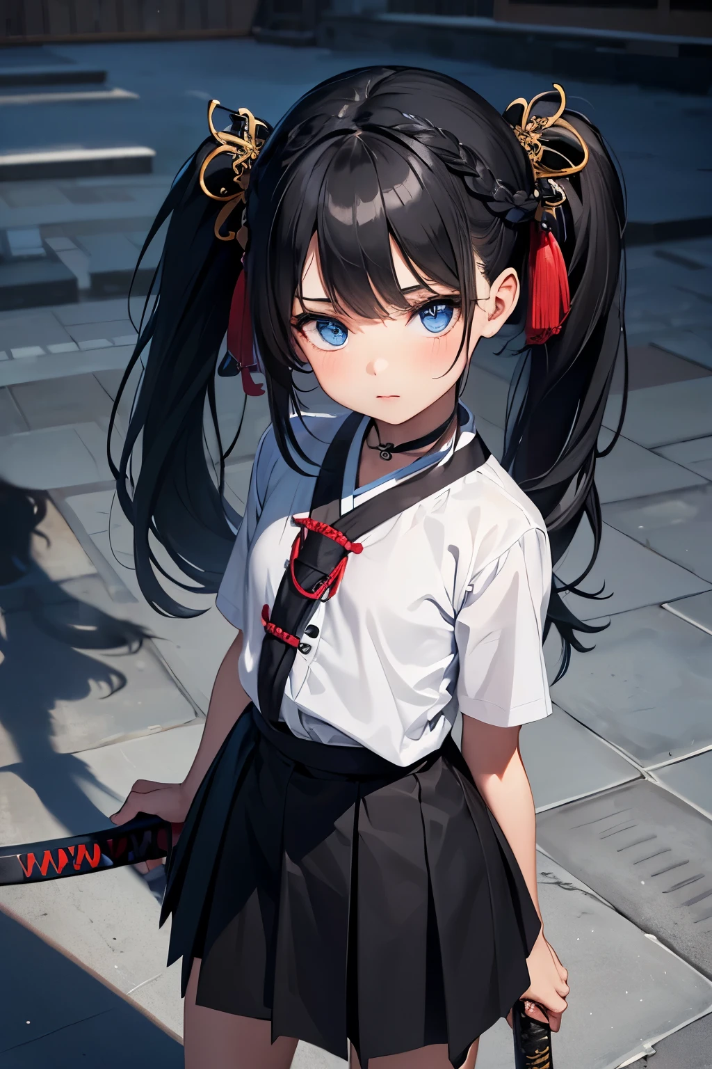  Ultra realistic, small girl 8 year old , long black hair  twintails braided , morbid  , blue eyes  , black  , skirt , samurai posture , holding katana .