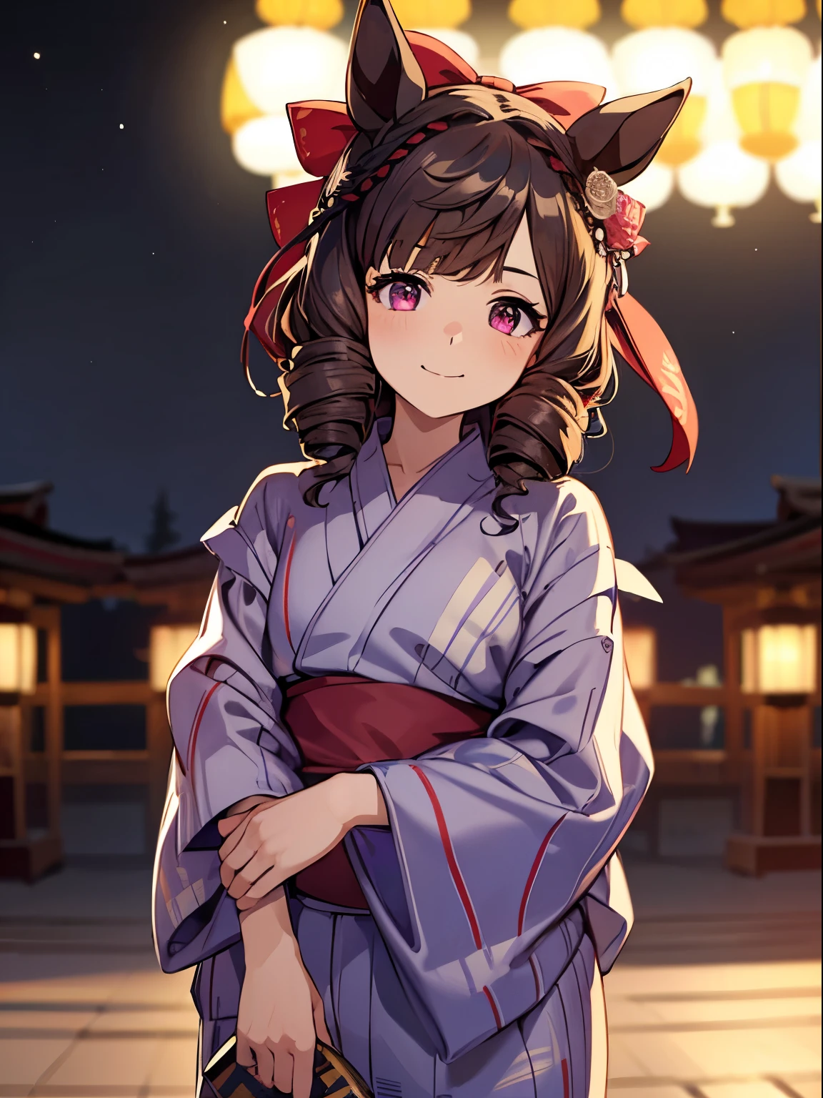 1 girl, Solo, Cute Girl,Best Quality, Ultra-detailed, 8K, High resolution, detailed face, madeon, looking at viewer, smile, have fun, (((yukata))), horse ears, night, on the street,