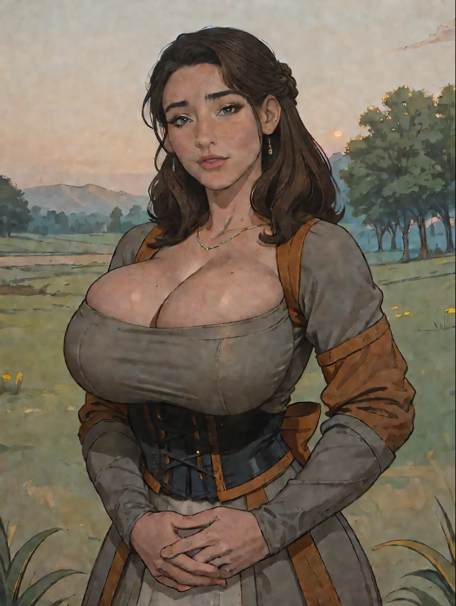 Gorgeous and sultry busty athletic (thin) brunette peasant with sharp facial features wearing a modest updo, medieval hair cover, rough-spun grey and brown medieval dress, long sleeves, wide neck, long dress, tight bodice, corset, Middle Ages, cottage, farm, exterior, trees, countryside, evening, sunset.