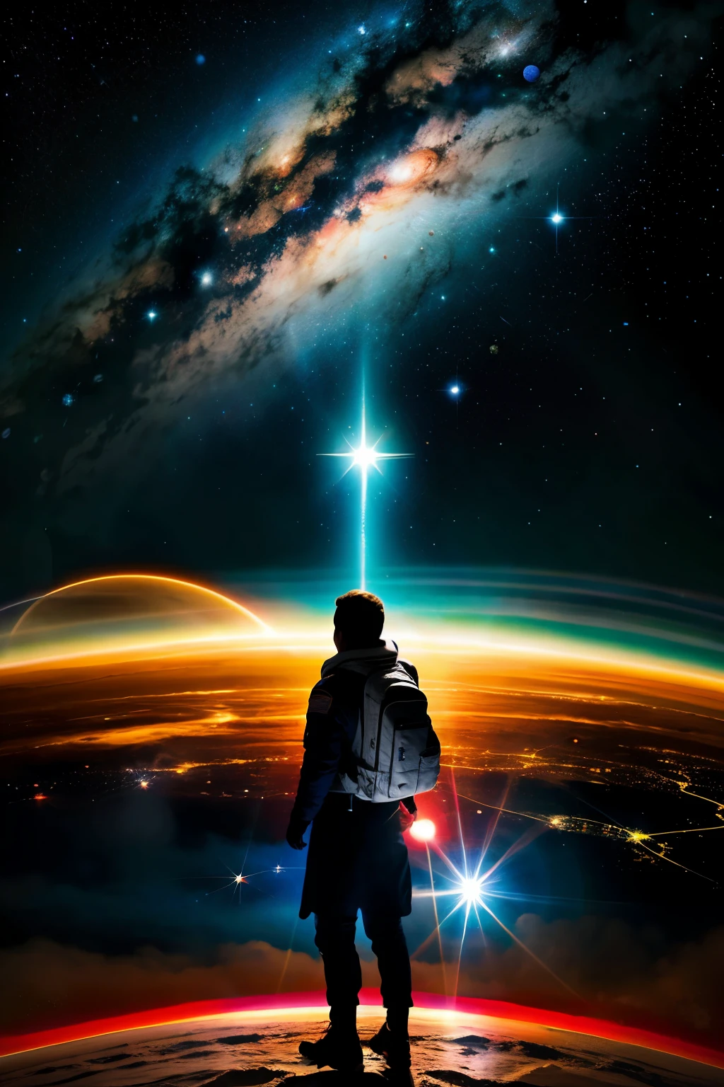 Una escena colorida and vibrante del espacio exterior con un joven astronauta flotando en el espacio, surrounded by planets, estrellas and un satélite. the text "knowledge explorers" and "TRIP TO THE EVA, AVA, OVA AND NETWORK" should be in a prominent place, en una fuente futurista and audaz. El estilo general debe ser lúdico and atractivo, suitable for an educational topic.