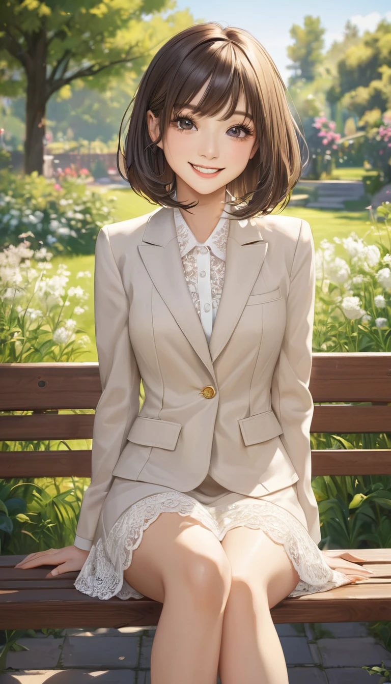 sunny day, Elegant photo of a girl in a blazer dress, (Puffy eyes:1.05), (White lace shirt), Platinum brown hair, (Angled Bob:1.4), Flat bangs, (Flowing Hair),  Happy, happiness, Skin with attention to detail, Skin pores, A beautiful innocent symmetrical face, Long eyelashes, Black eyeliner, Light gold eyeshadow,(Sit on a bench), Crossed_feet, Emotional, Wind, garden, wood, Grass, masterpiece, Highest quality, Realistic,